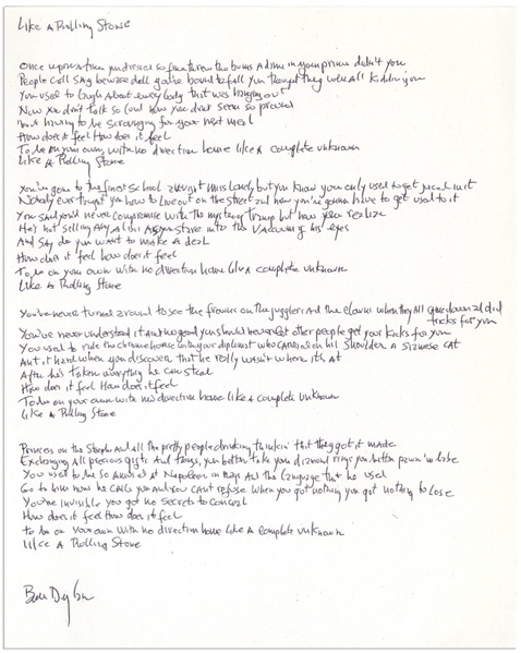 Bob Dylan Signed, Handwritten Lyrics to ''Like a Rolling Stone'' -- The Quintessential Rock Song -- With COA From Dylan's Manager